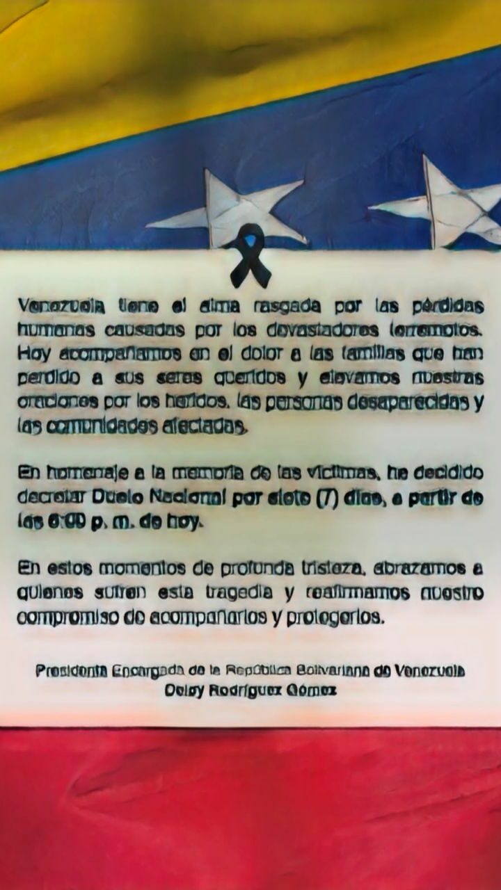 Delcy Rodríguez decreta siete días de luto nacional en Venezuela por víctimas del doble terremoto