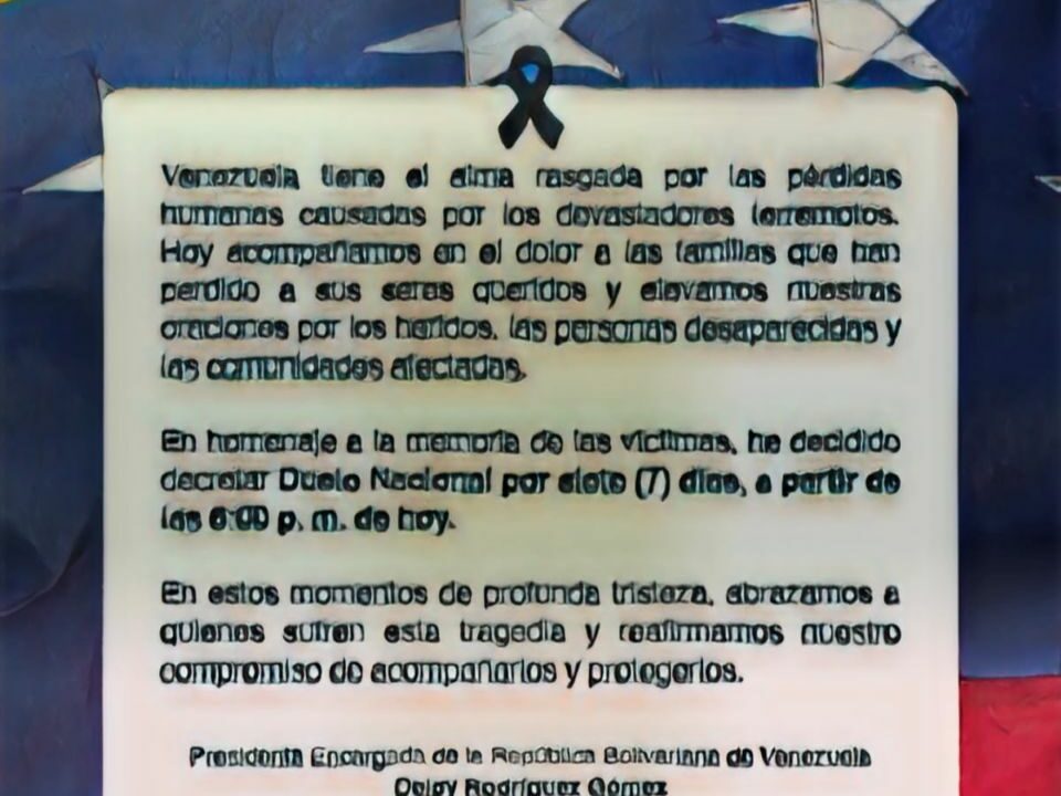 Delcy Rodríguez decreta siete días de luto nacional en Venezuela por víctimas del doble terremoto