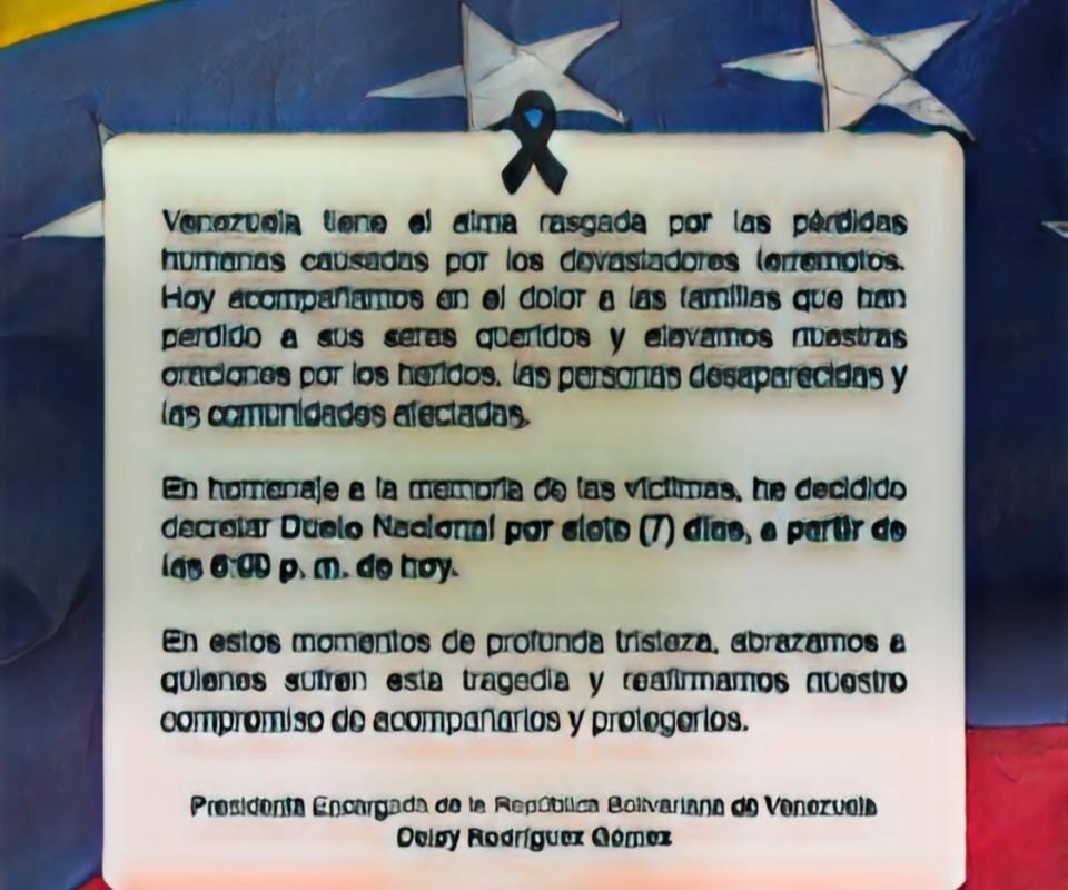 Delcy Rodríguez decreta siete días de luto nacional en Venezuela por víctimas del doble terremoto